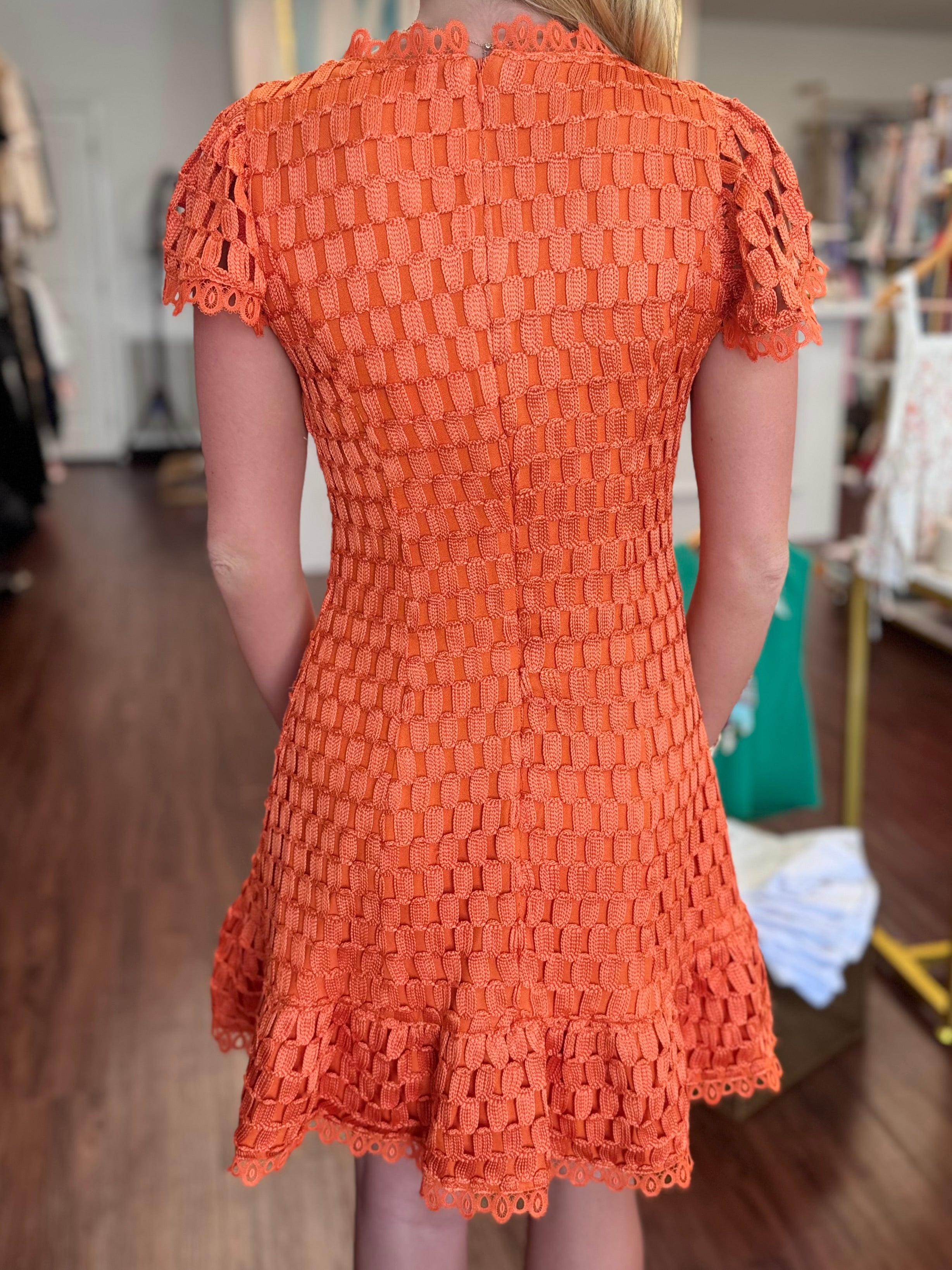 Orange Flutter Sleeve Lace Trim Back Zip Mini Dress