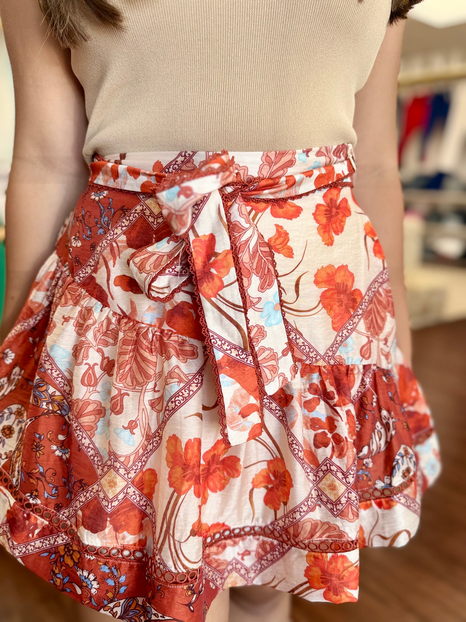 Rust Floral Asymmetrical Tie Waist Crochet Trim Flowy Mini Skirt