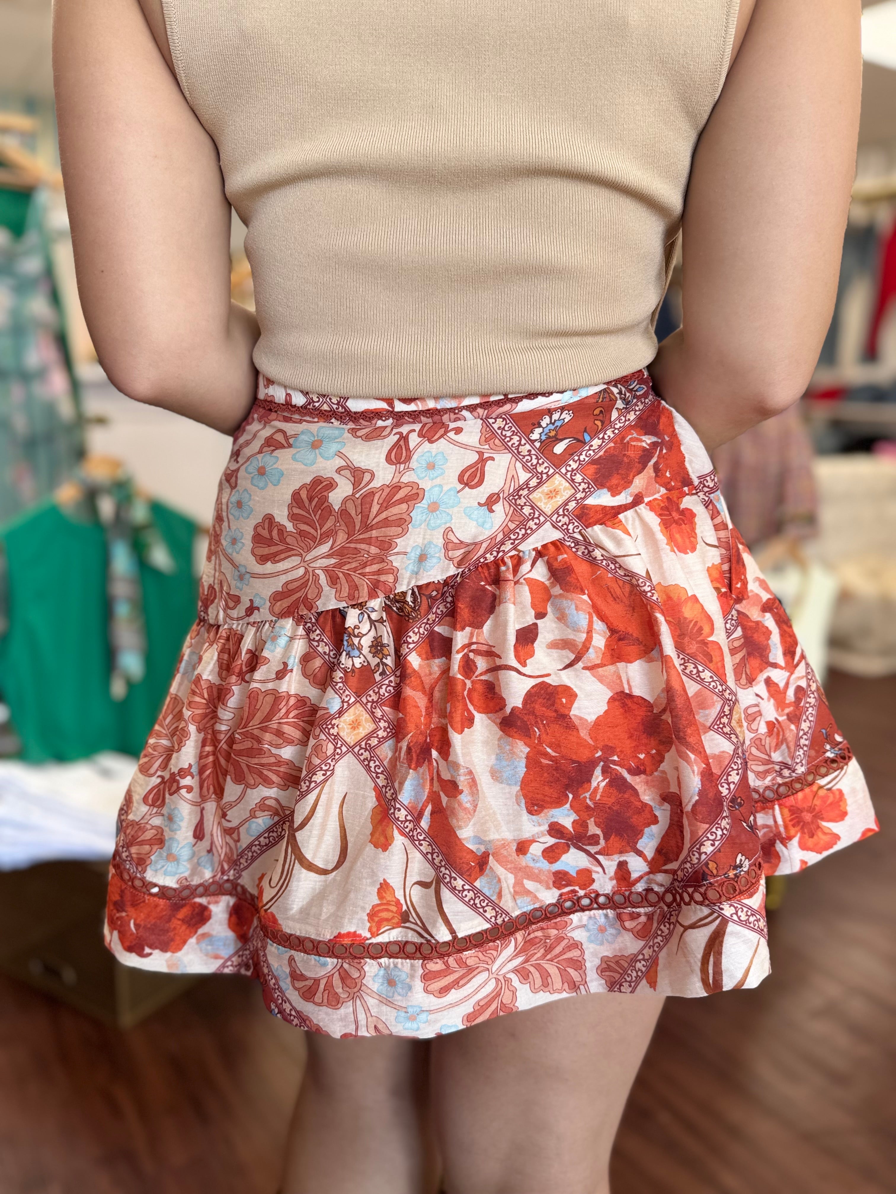 Rust Floral Asymmetrical Tie Waist Crochet Trim Flowy Mini Skirt