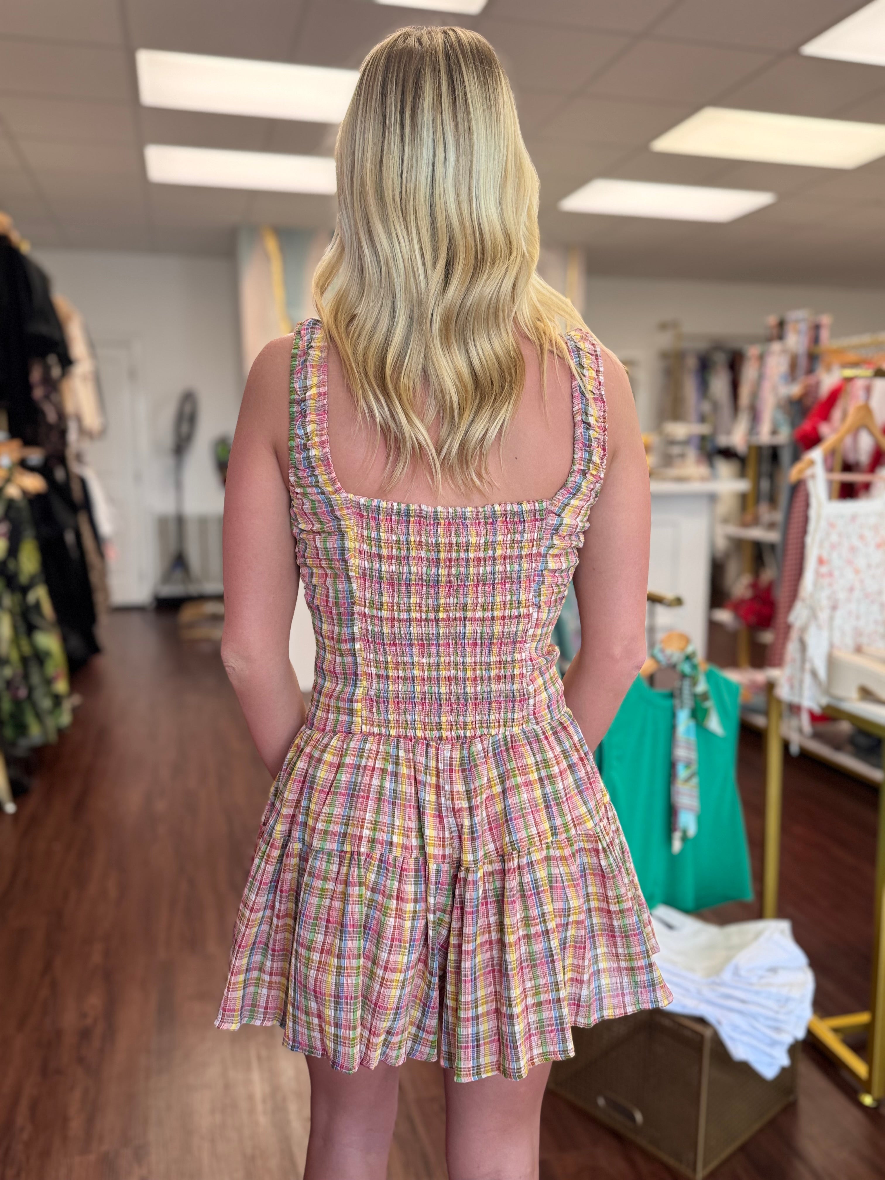 Plaid Square Neck Smocked Bodice Flowy Romper