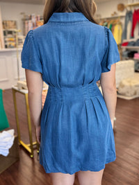 Denim Zip Front Flutter Sleeve Cinched Waist Bubble Hem Mini Dress