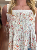 Floral Pintuck Lace Trim Side Tie Flowy Top