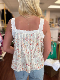 Floral Pintuck Lace Trim Side Tie Flowy Top