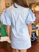 Light Blue Poplin Pearl Collar Button Up Bubble Sleeve Shift Mini Dress