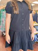 Black Drop Waist Collared Short Sleeve Button Up Mini Dress