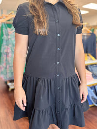 Black Drop Waist Collared Short Sleeve Button Up Mini Dress