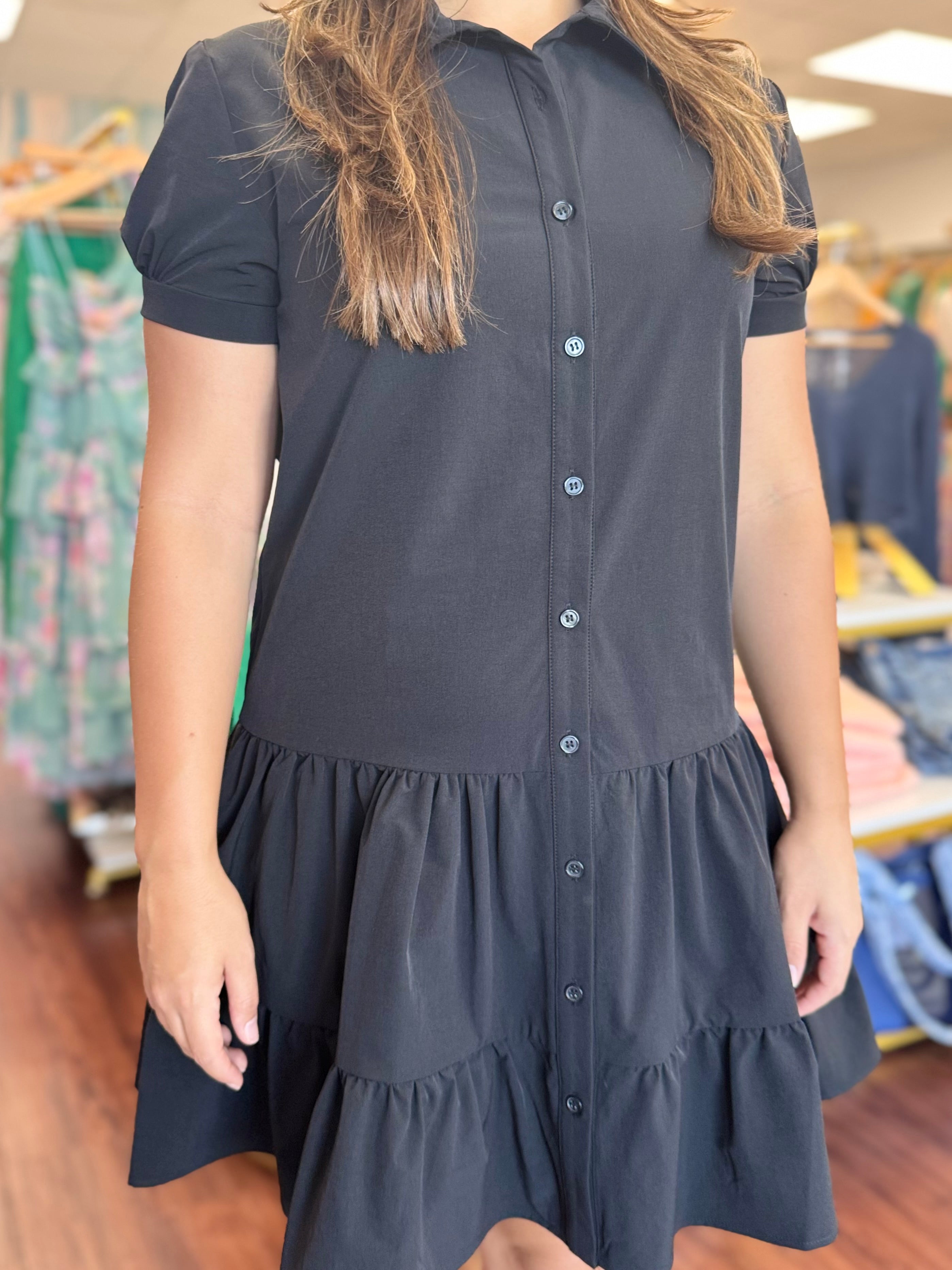 Black Drop Waist Collared Short Sleeve Button Up Mini Dress