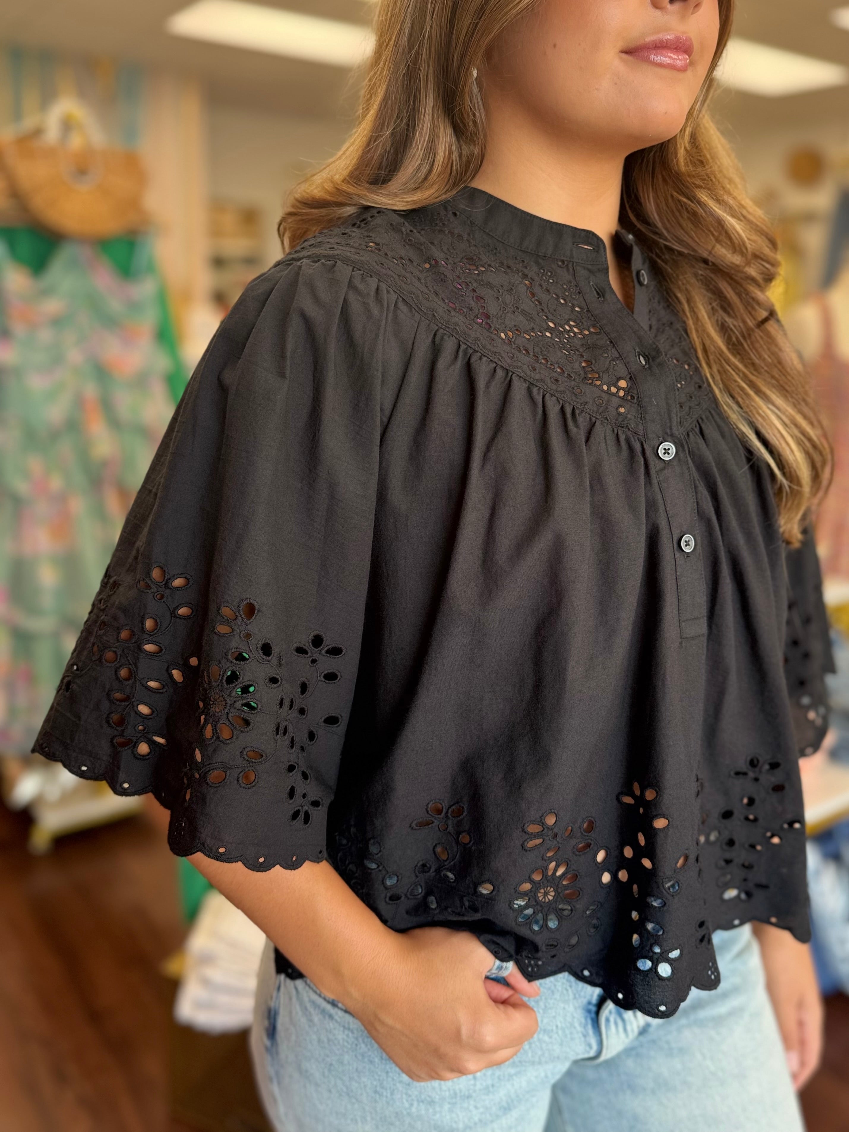 Black Eyelet Short Sleeve Top | Crochet Detail Top