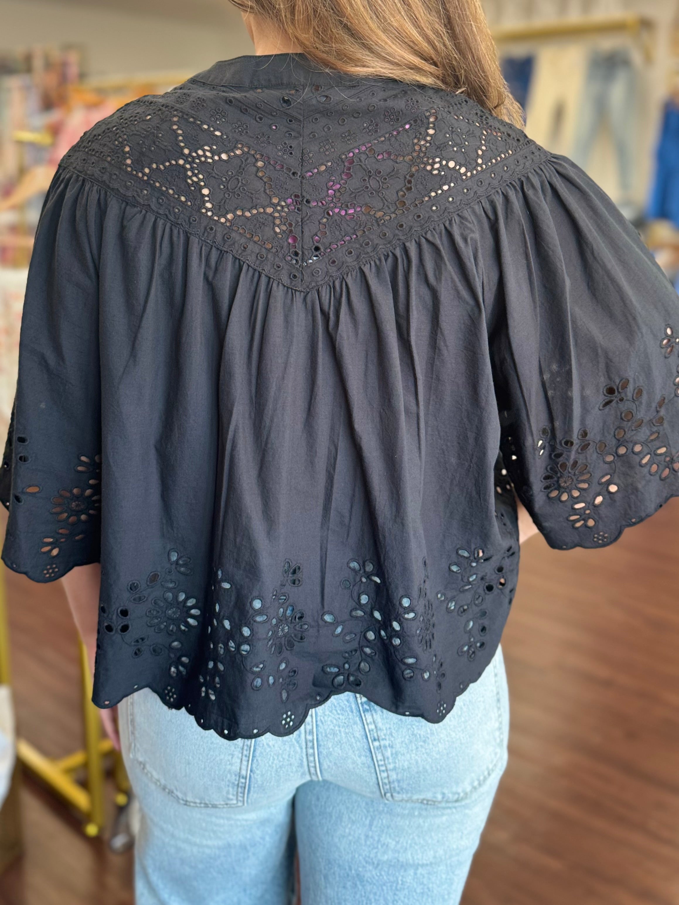 Black Eyelet Short Sleeve Top | Crochet Detail Top