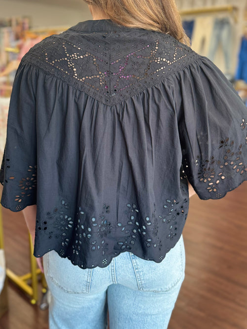 Black Eyelet Short Sleeve Top | Crochet Detail Top