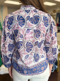 Pink And Blue Floral 3/4 Length Sleeve Top