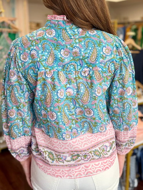 Paisley Mist 3/4 Sleeve Top | Cotton Block Print Ruffle Top