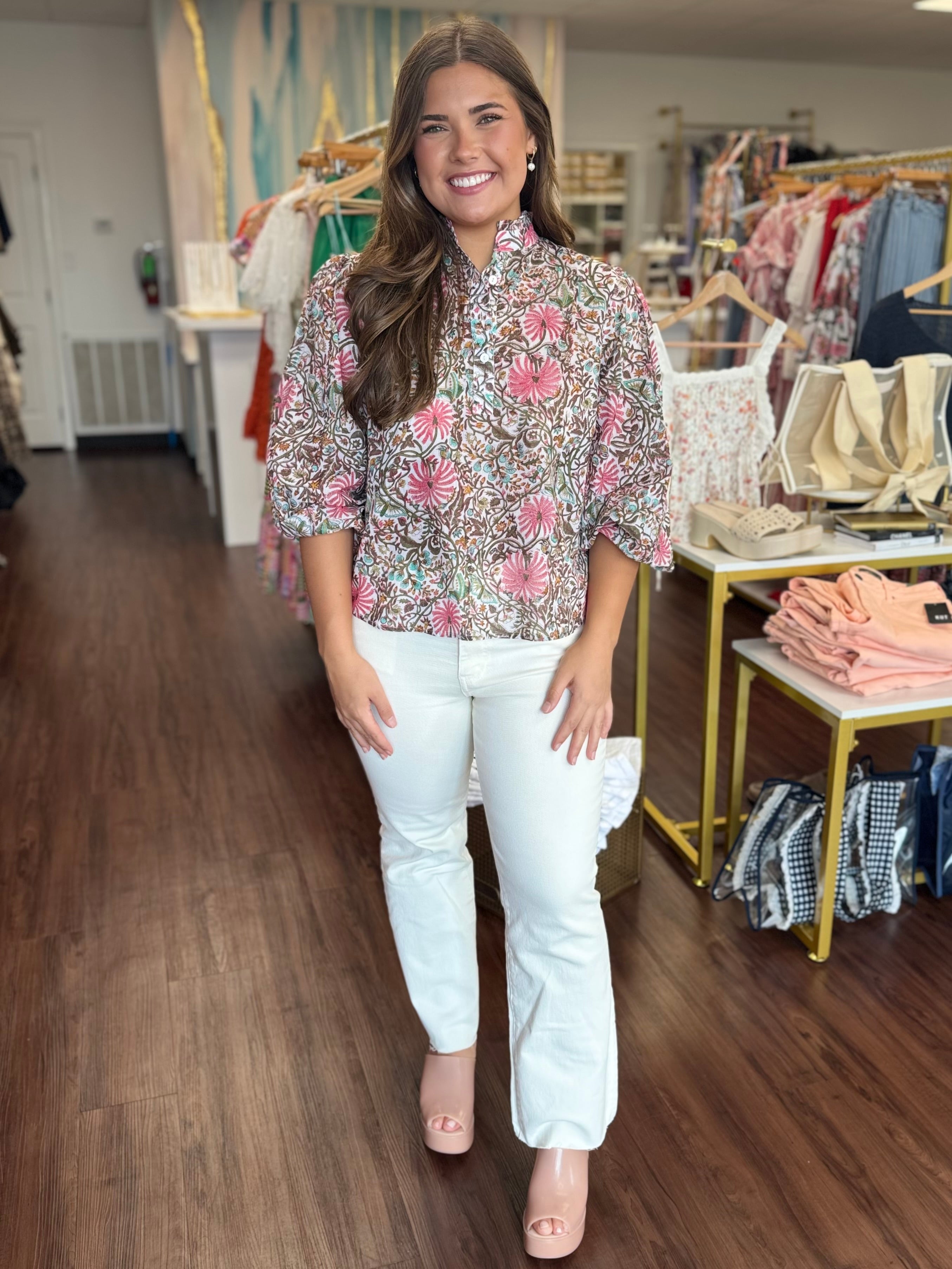 Full Bloom Floral 3/4 Length Sleeve Top