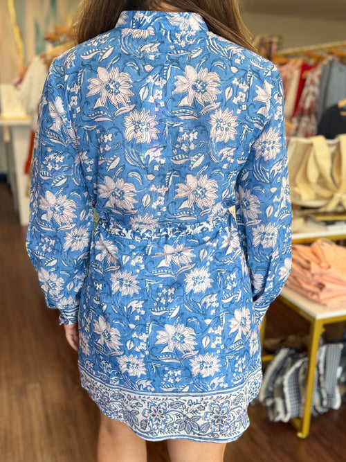 Blue Floral Long Sleeve Tie Waist Mini Dress | Cotton Block Print