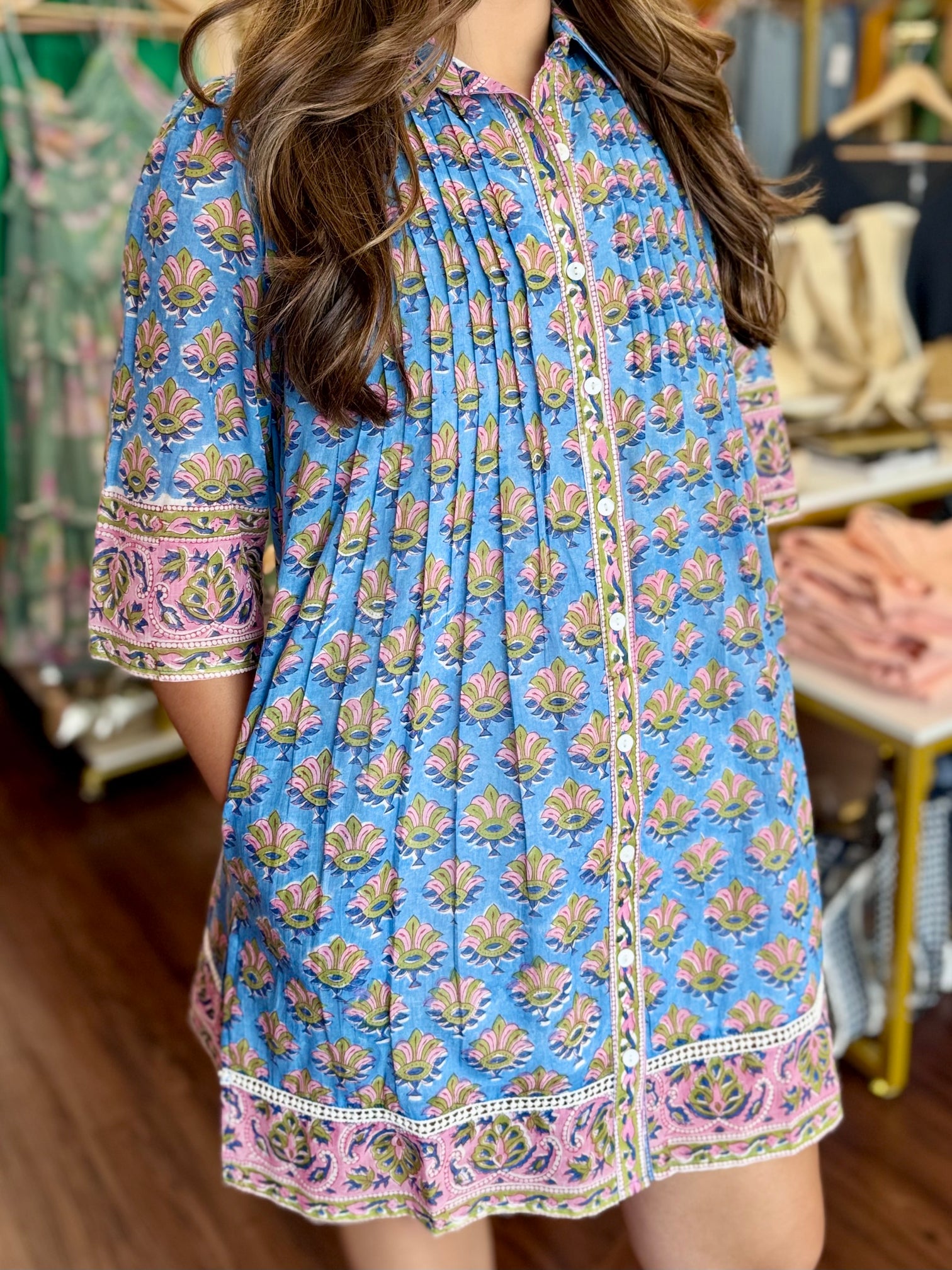 Blue A-Line Pleated Mini Dress