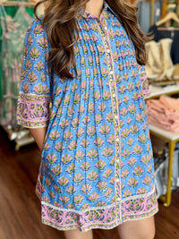 Blue A-Line Pleated Mini Dress