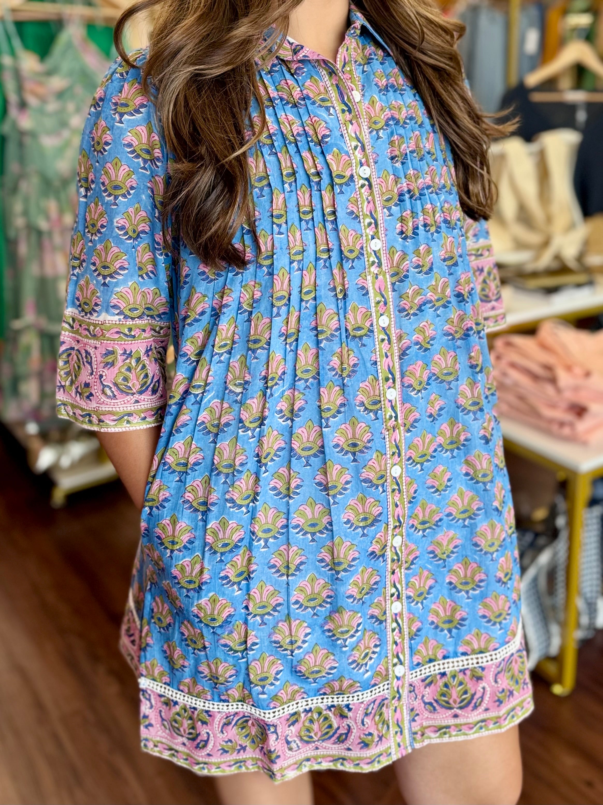 Blue A-Line Pleated Mini Dress