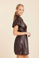 Coffee Vegan Leather Cinched Waist Mini Dress