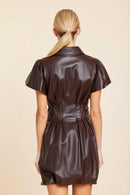 Coffee Vegan Leather Cinched Waist Mini Dress
