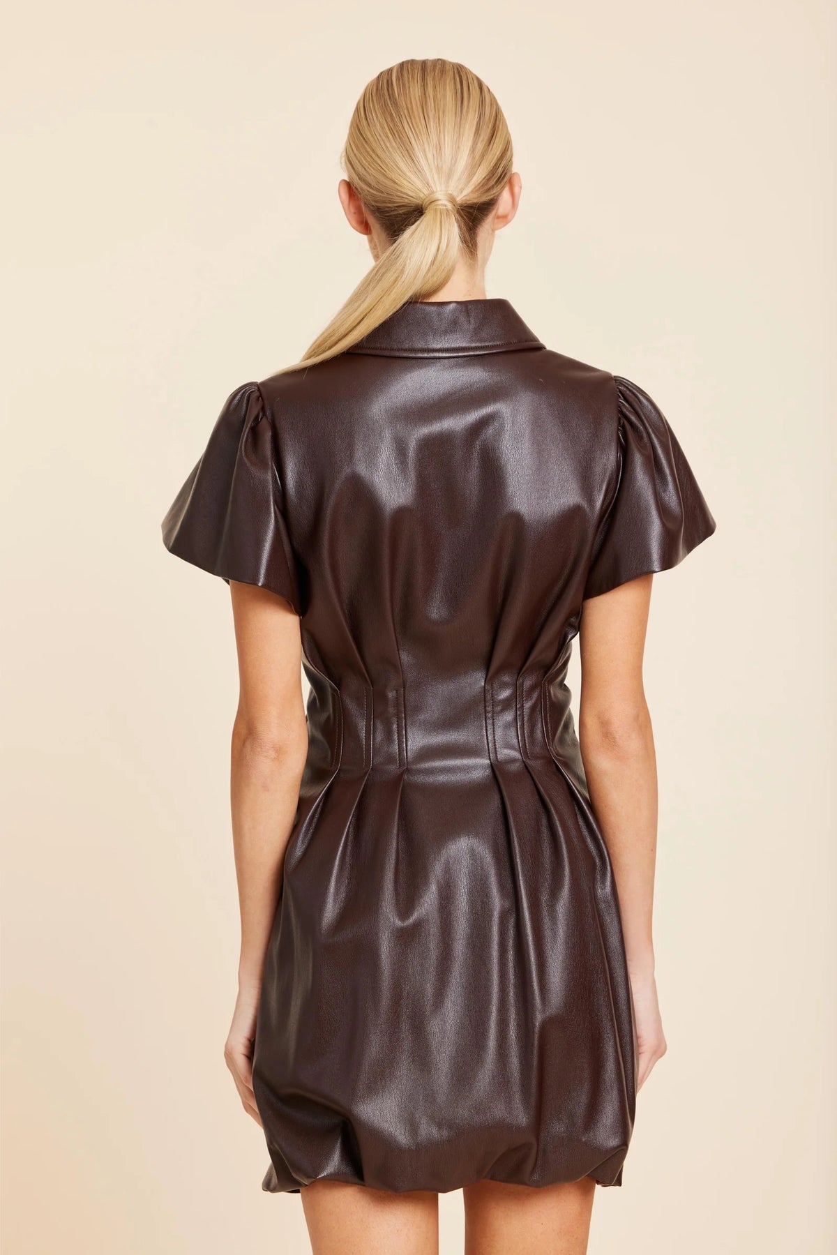 Coffee Vegan Leather Cinched Waist Mini Dress