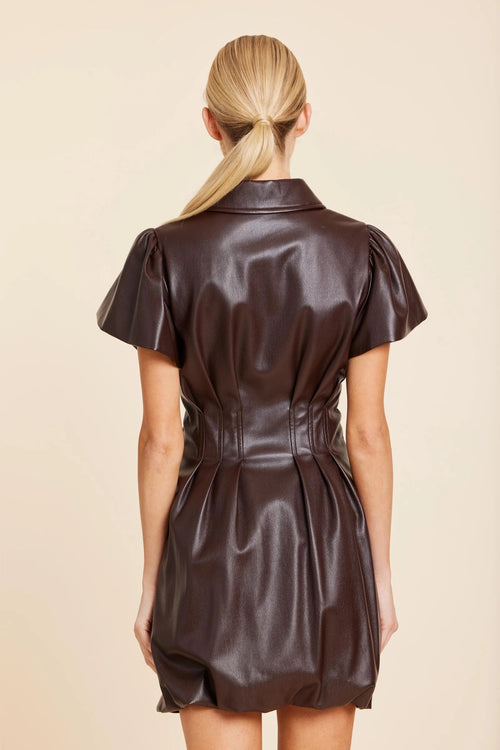 Coffee Vegan Leather Cinched Waist Mini Dress