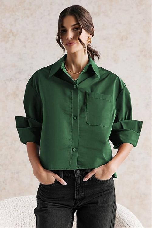 Rolled Sleeve Taffeta Button Up Top | Red + Kelly Green