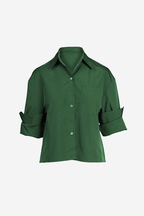 Rolled Sleeve Taffeta Button Up Top | Red + Kelly Green