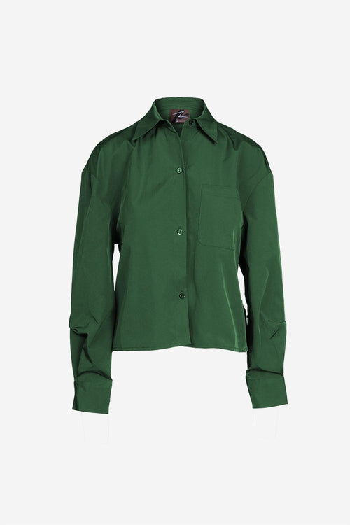 Rolled Sleeve Taffeta Button Up Top | Red + Kelly Green