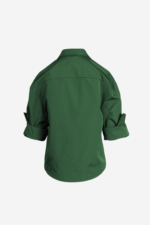 Rolled Sleeve Taffeta Button Up Top | Red + Kelly Green