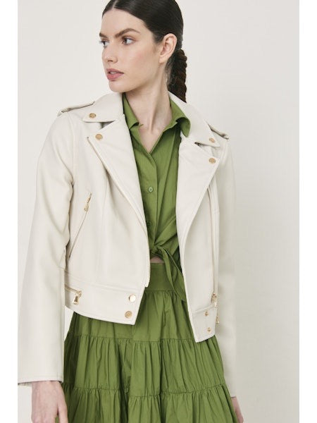 Theodora Off White Vegan Leather Gold Hardware Jacket