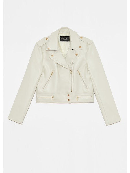 Theodora Off White Vegan Leather Gold Hardware Jacket