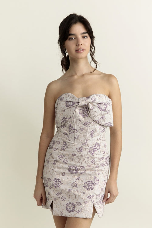 Floral Brocade Ivory Purple Strapless Corset Bow Bodycon Mini Dress