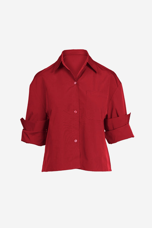 Rolled Sleeve Taffeta Button Up Top | Red + Kelly Green