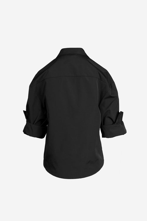 Rolled Sleeve Taffeta Button Up Top | Red + Kelly Green