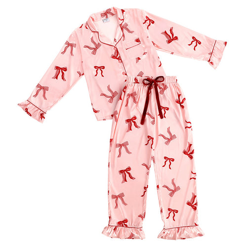 Ruffle Satin Pajama Set with Velvet Waistband Ties