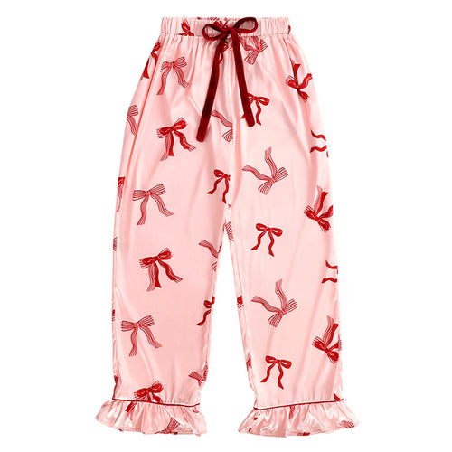 Ruffle Satin Pajama Set with Velvet Waistband Ties