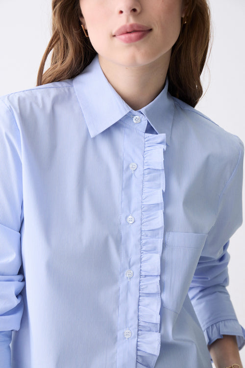 Fontes Striped Poplin Lapel Collar Ruffle Cuff Cropped Button Top