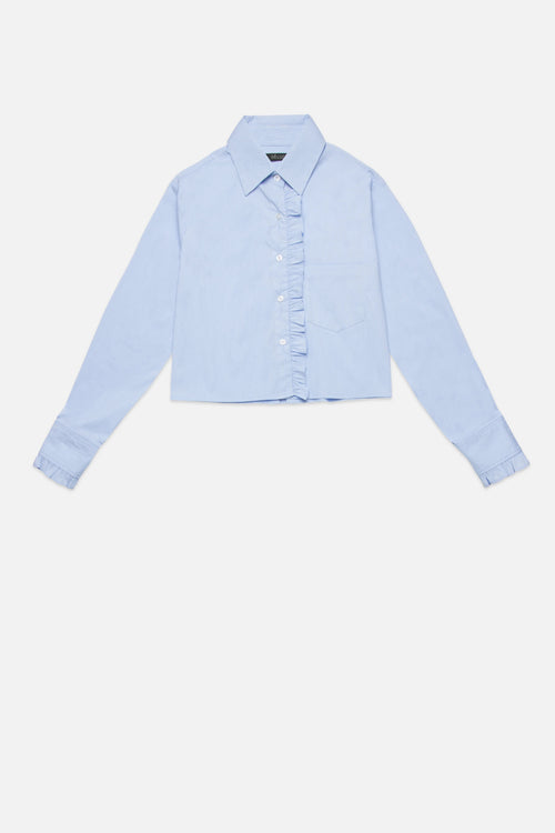 Fontes Striped Poplin Lapel Collar Ruffle Cuff Cropped Button Top