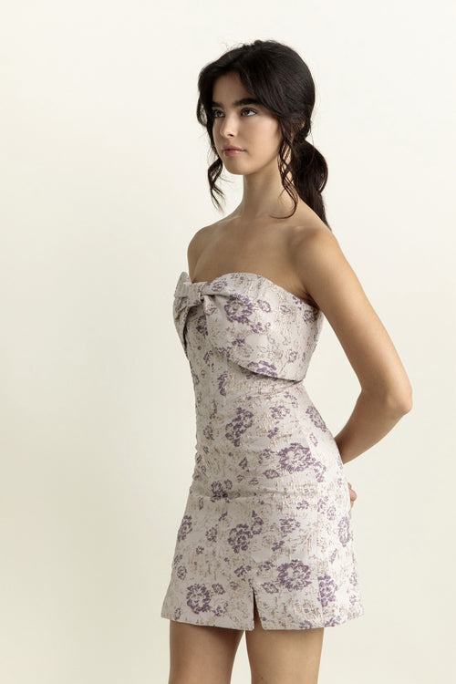 Floral Brocade Ivory Purple Strapless Corset Bow Bodycon Mini Dress