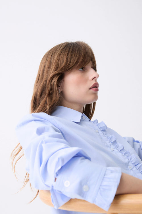 Fontes Striped Poplin Lapel Collar Ruffle Cuff Cropped Button Top