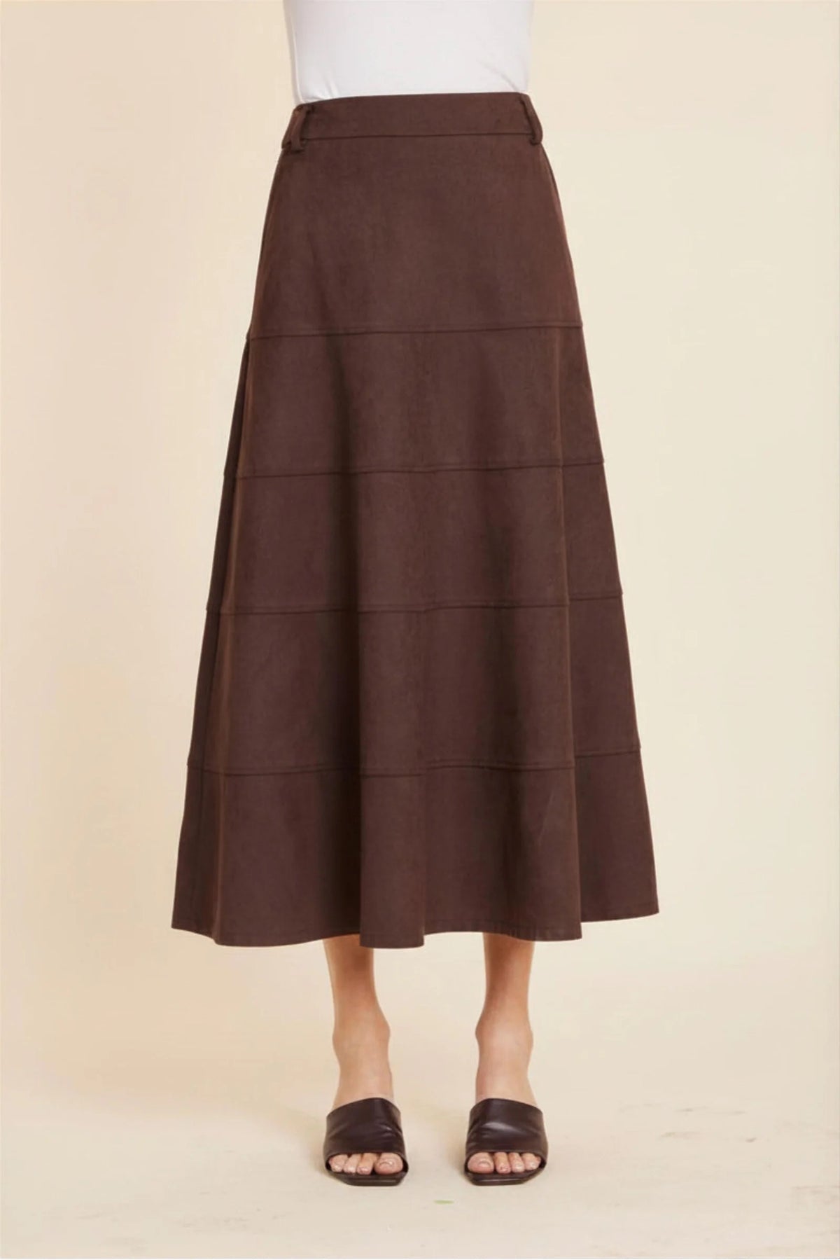 Coffee Faux Suede Paneled Midi Skirt