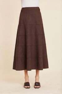 Coffee Faux Suede Paneled Midi Skirt