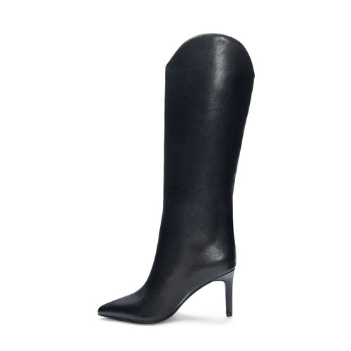 Fiora Western Inspired Pointed Toe Stiletto Knee High Black Vegan Leather Boot