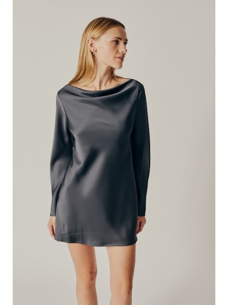Ligustrum Onyx Grey Satin Cowl Neck Long Sleeve Mini Dress