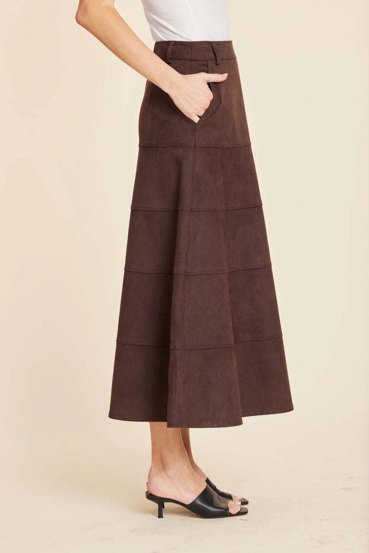 Coffee Faux Suede Paneled Midi Skirt