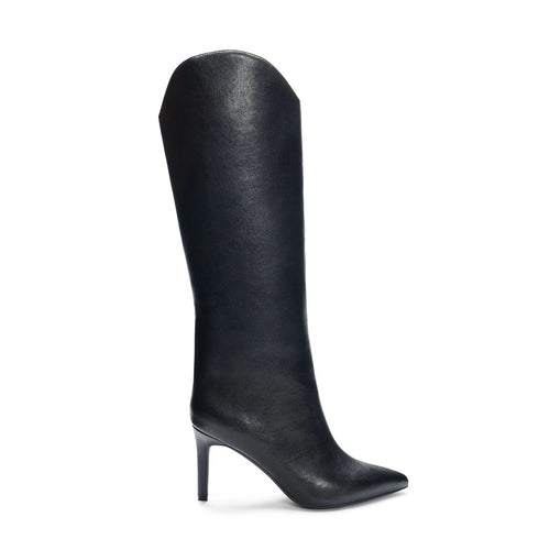 Fiora Western Inspired Pointed Toe Stiletto Knee High Black Vegan Leather Boot