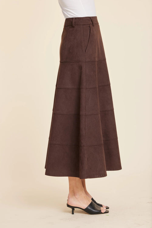 Coffee Faux Suede Paneled Midi Skirt