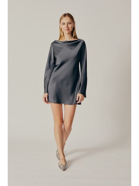 Ligustrum Onyx Grey Satin Cowl Neck Long Sleeve Mini Dress