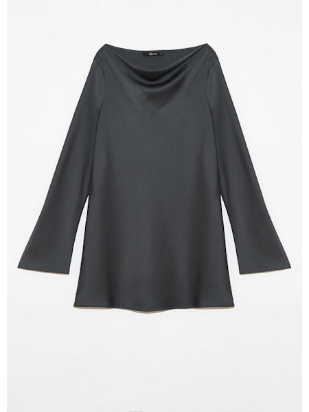 Ligustrum Onyx Grey Satin Cowl Neck Long Sleeve Mini Dress