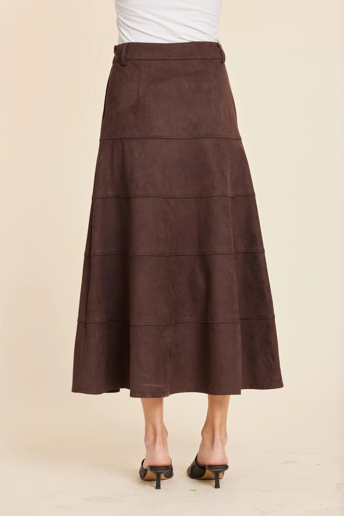 Coffee Faux Suede Paneled Midi Skirt